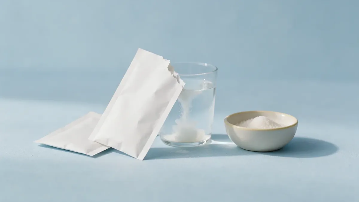 Tre bustine bianche senza marca, una aperta con la polvere che si scioglie in un bicchiere d'acqua, accanto a una ciotolina di dolcificante.