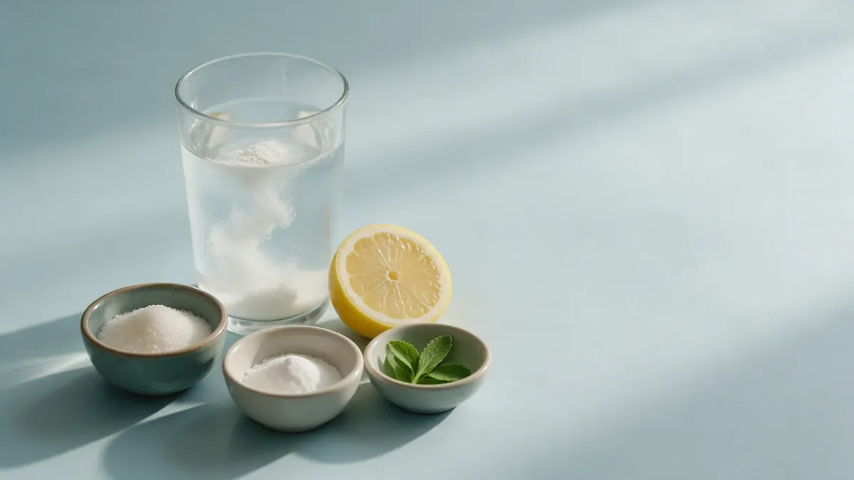 Un bicchiere d'acqua con polvere bianca che si scioglie, tre ciotoline con zucchero, dolcificante in polvere e foglie di stevia, e mezzo limone.
