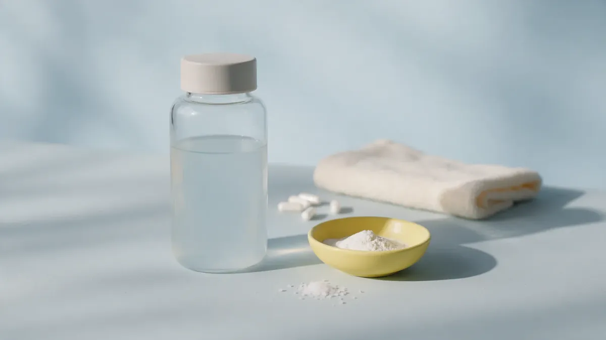 Una borraccia di vetro con acqua, qualche cristallo di sale, una ciotolina di polvere bianca, alcune capsule e un asciugamano piegato.