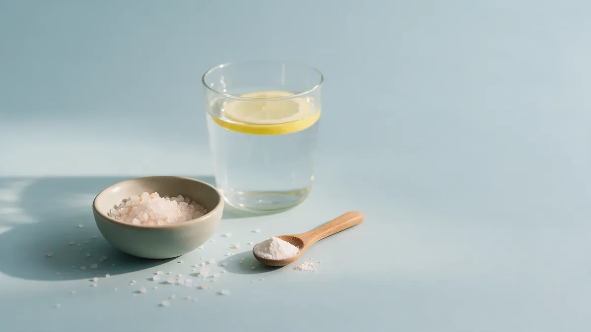 Una ciotola di cristalli di sale, un cucchiaino di legno con polvere bianca e un bicchiere d'acqua con una fetta di limone.